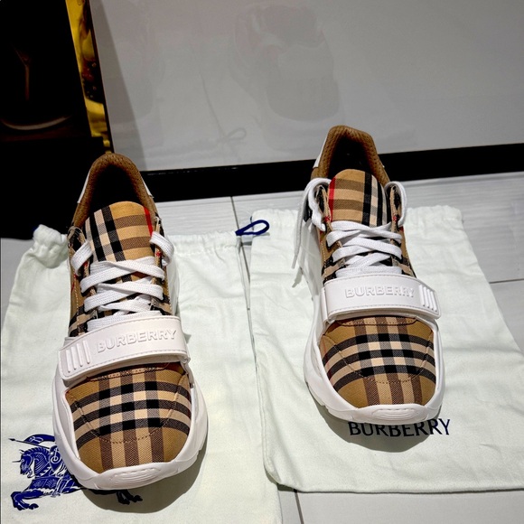 Burberry Unisex Checkered Sneakers - Tan and Black - Picture 1 of 7